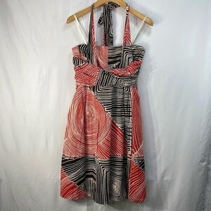 We Love Vera cotton cream, orange, brown printed halter style dress with pockets